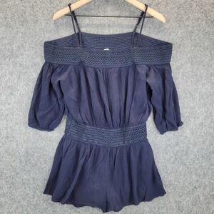 Purple Snow Romper Womens L DARK NAVY BLUE Gauze Off Shoulder Lined Shorts Beach